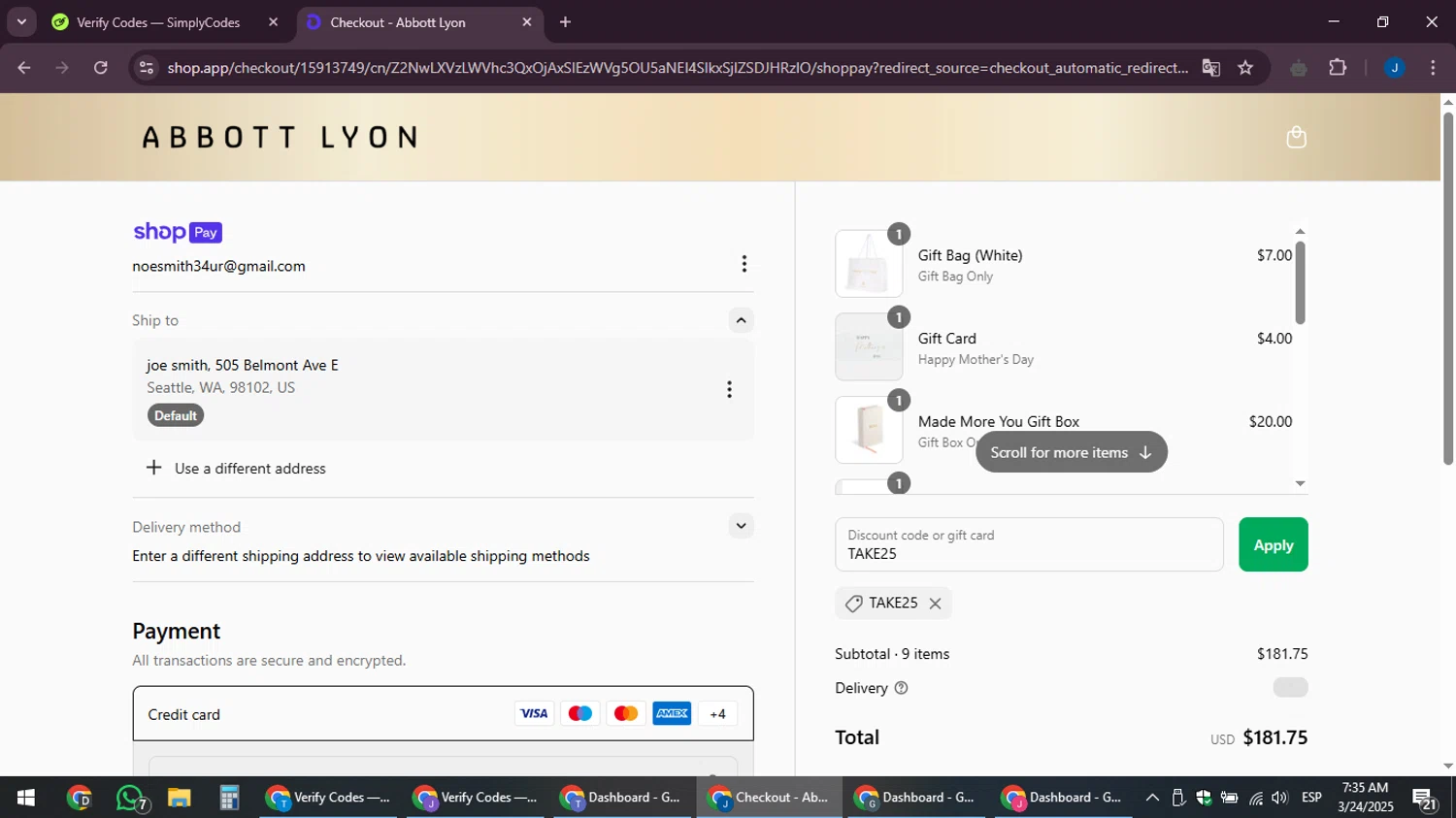 Abbott Lyon discount code screenshot showing code TAKE25 applied at Abbott Lyon checkout page. Uploaded by SimplyCodes community member noesmith34ur on Mar 24, 2025