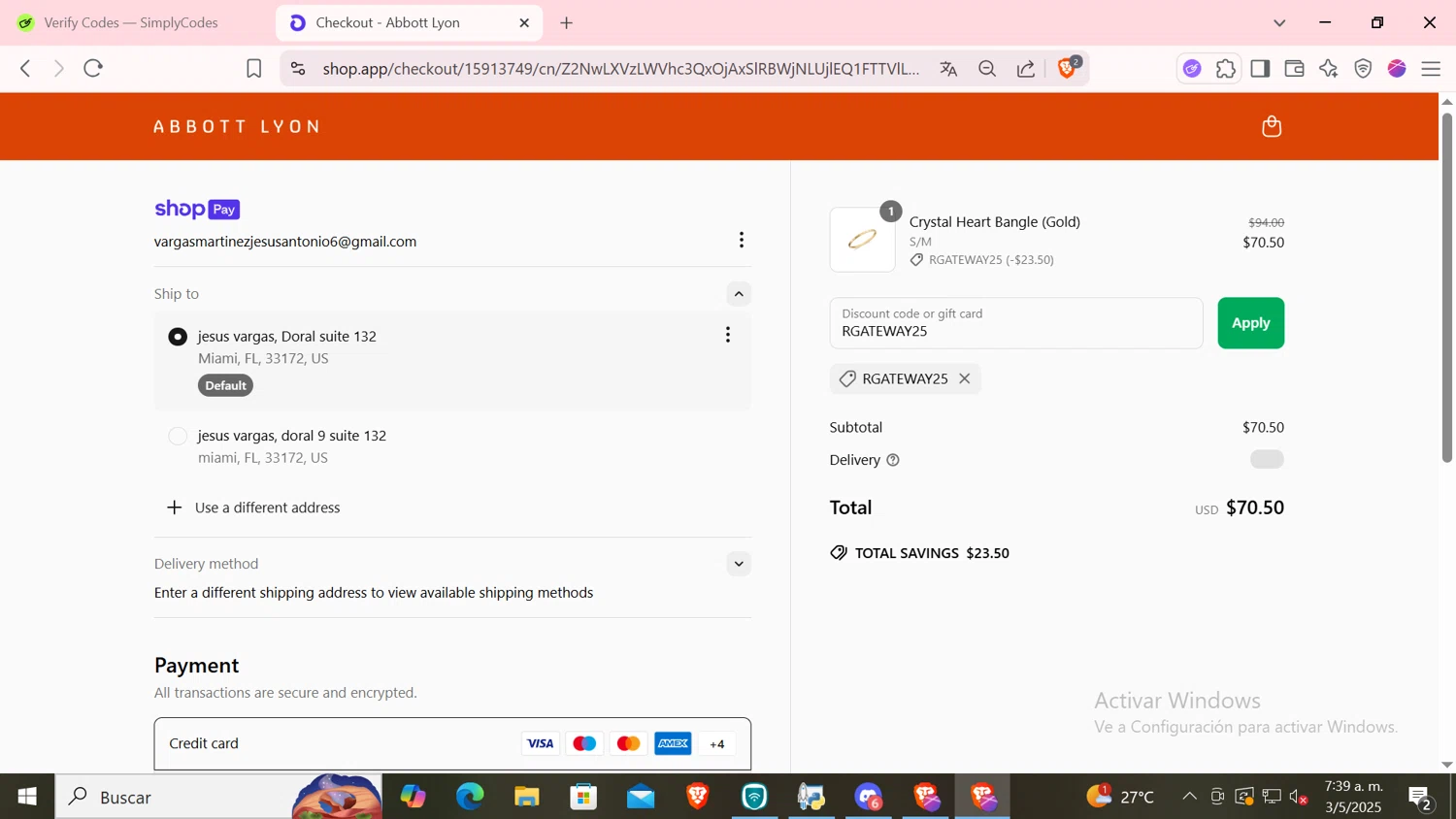 Abbott Lyon discount code screenshot showing code RGATEWAY25 applied at Abbott Lyon checkout page. Uploaded by SimplyCodes community member SKAYNE2 on May 3, 2025