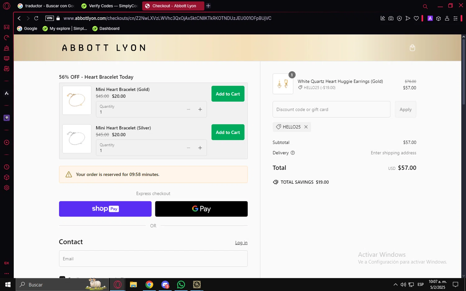 Abbott Lyon discount code screenshot showing code HELLO25 applied at Abbott Lyon checkout page. Uploaded by SimplyCodes community member LuckyVoyager5522 on Feb 5, 2025