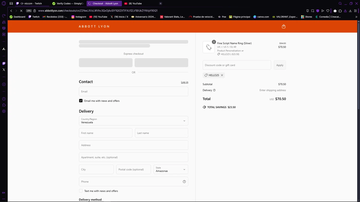 Abbott Lyon discount code screenshot showing code HELLO25 applied at Abbott Lyon checkout page. Uploaded by SimplyCodes community member MagnificentLynx9362 on May 13, 2025
