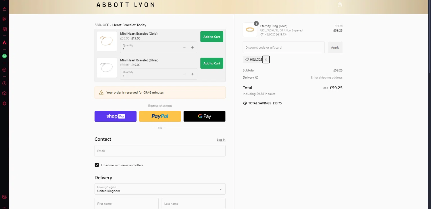 Abbott Lyon discount code screenshot showing code HELLO25 applied at Abbott Lyon checkout page. Uploaded by SimplyCodes community member mordeaki on Jan 25, 2025