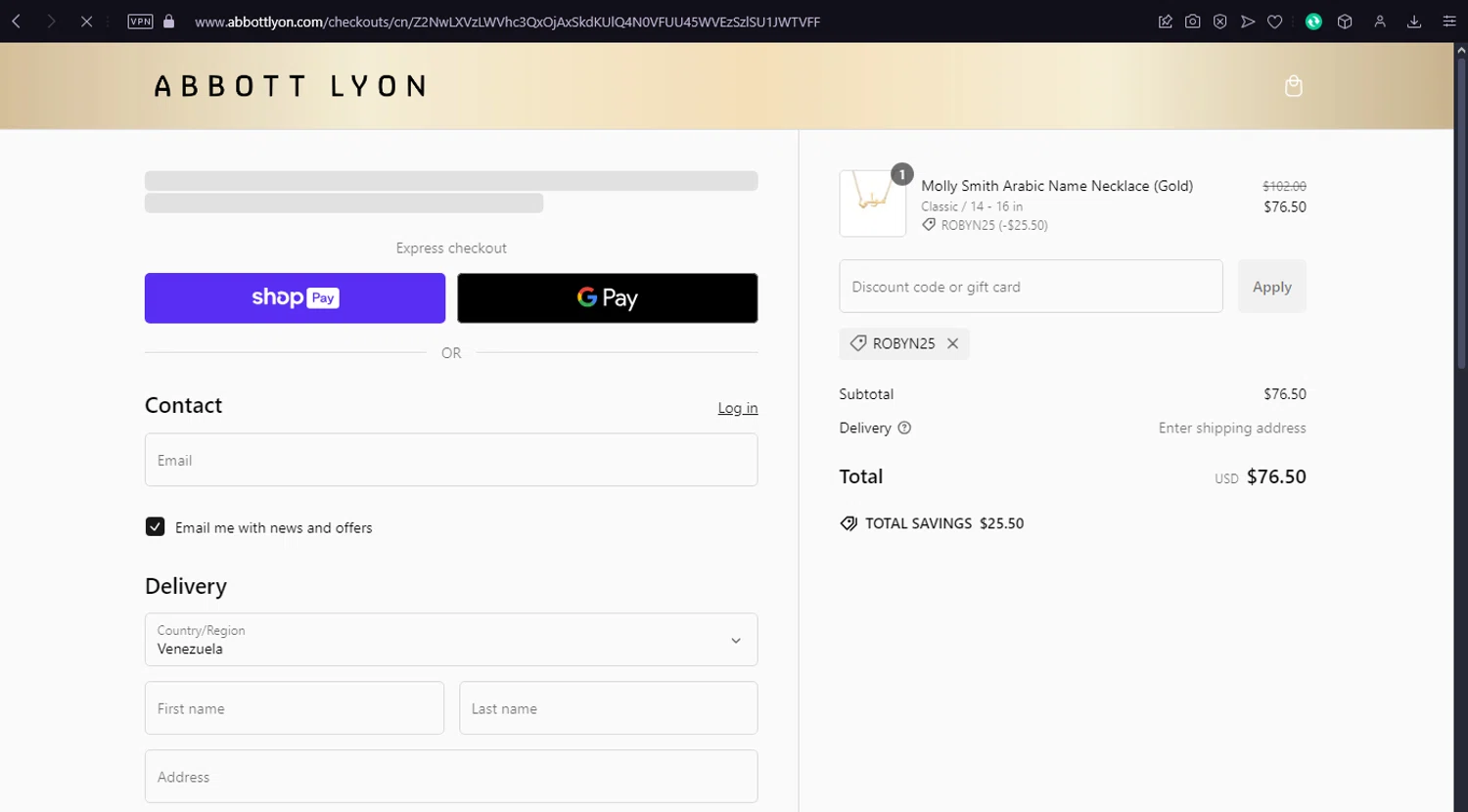 Abbott Lyon discount code screenshot showing code robyn25 applied at Abbott Lyon checkout page. Uploaded by SimplyCodes community member ronaldacunajr13 on Jan 2, 2025