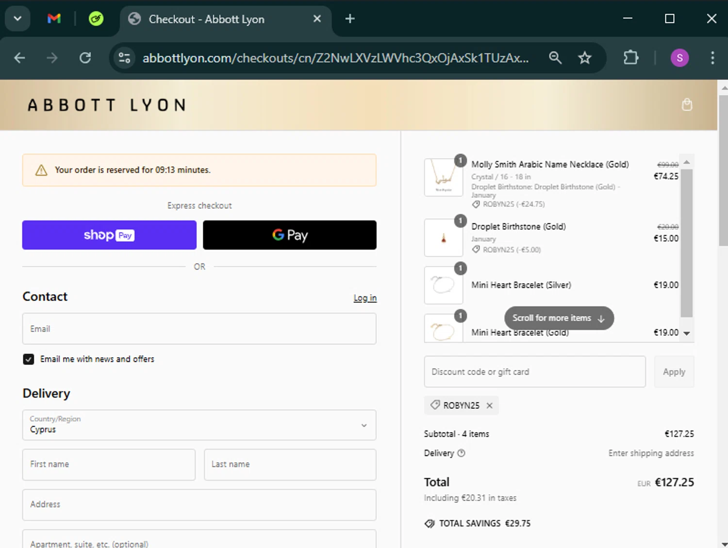 Abbott Lyon discount code screenshot showing code robyn25 applied at Abbott Lyon checkout page. Uploaded by SimplyCodes community member tinkle_tinkle on Feb 23, 2025