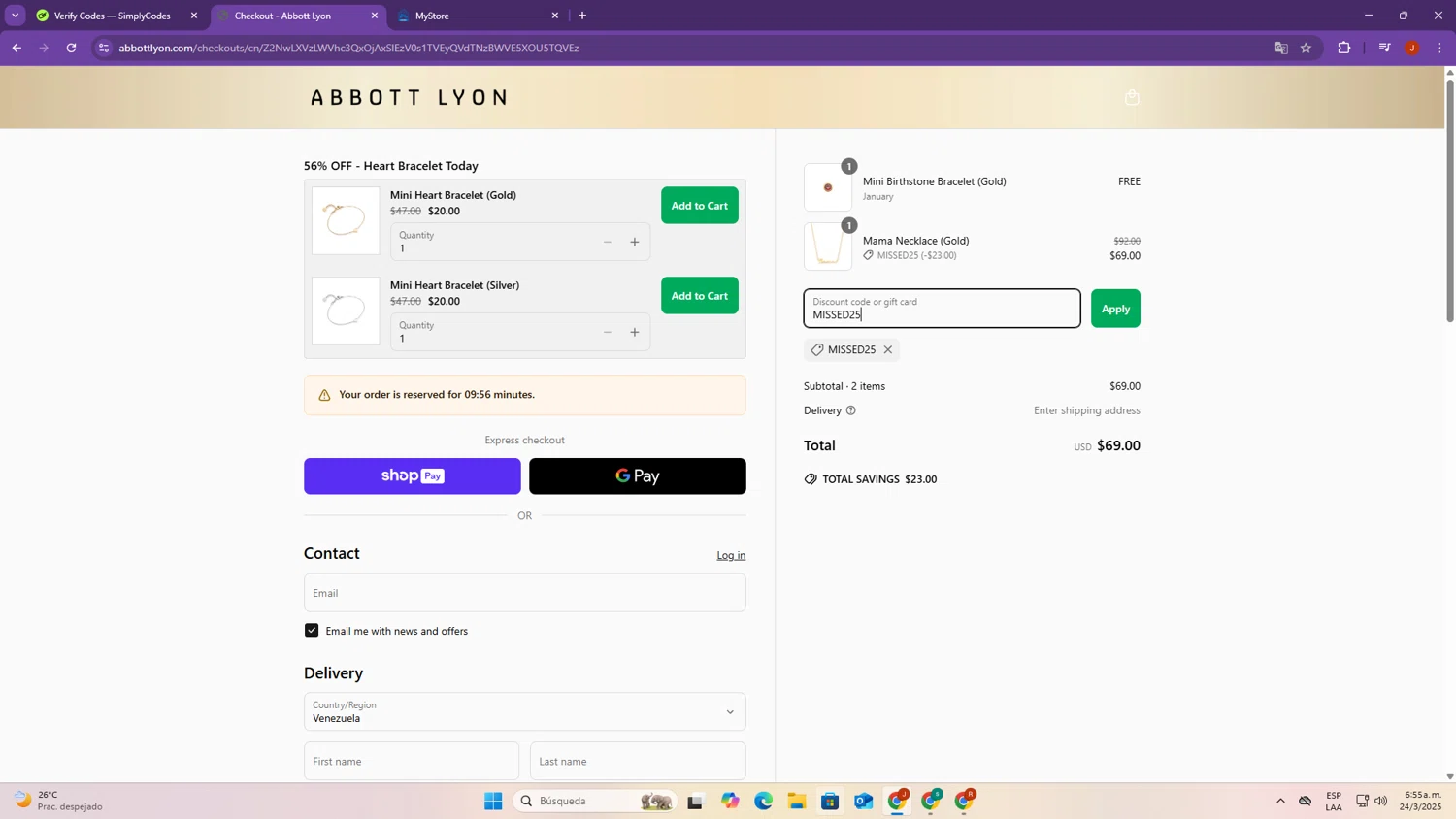 Abbott Lyon discount code screenshot showing code MISSED25 applied at Abbott Lyon checkout page. Uploaded by SimplyCodes community member SalvadorC on Mar 24, 2025