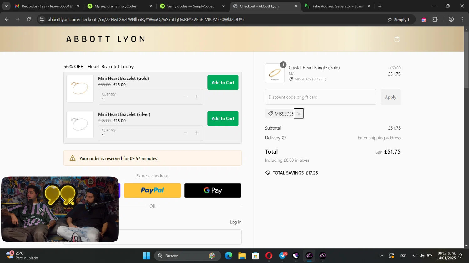 Abbott Lyon discount code screenshot showing code MISSED25 applied at Abbott Lyon checkout page. Uploaded by SimplyCodes community member LuckySentinel2466 on Jan 15, 2025