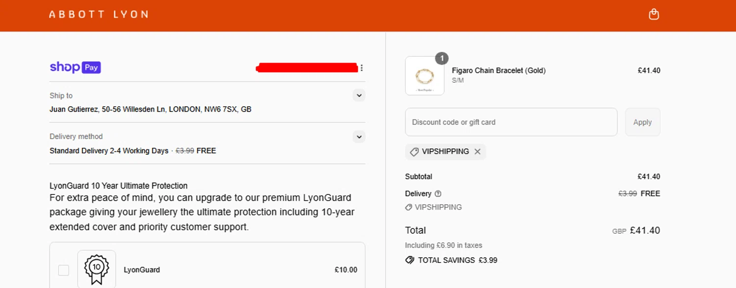 Abbott Lyon discount code screenshot showing code VIPSHIPPING applied at Abbott Lyon checkout page. Uploaded by SimplyCodes community member THEPOWER on Aug 26, 2025