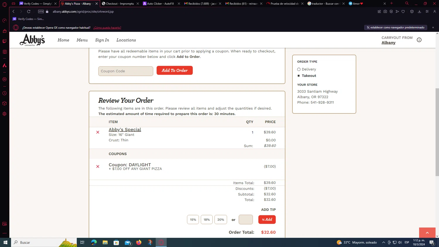 Abby's Legendary Pizza checkout page showing Abby's Legendary Pizza promo code box | Screenshot taken by SimplyCodes community member on Mar 10, 2024