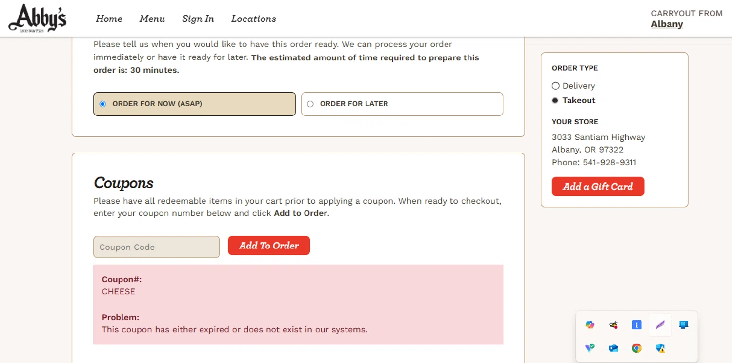 Abby's Legendary Pizza promo code screenshot showing code CHEESE applied at Abby's Legendary Pizza checkout page. Uploaded by SimplyCodes community member David_Gut_Sonic on Jun 8, 2025