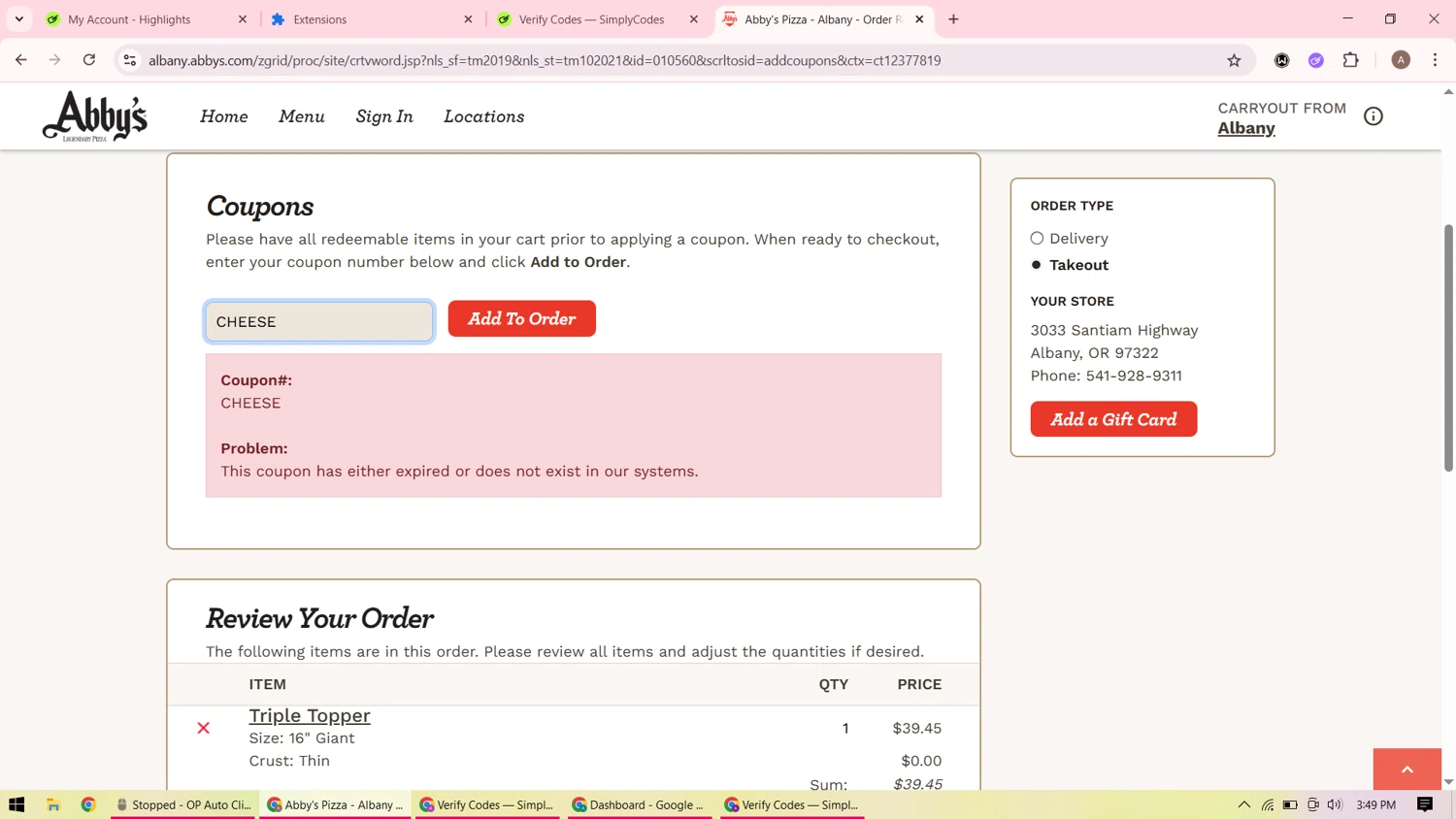 Abby's Legendary Pizza promo code screenshot showing code CHEESE applied at Abby's Legendary Pizza checkout page. Uploaded by SimplyCodes community member RewardPilot6611 on Jun 16, 2025