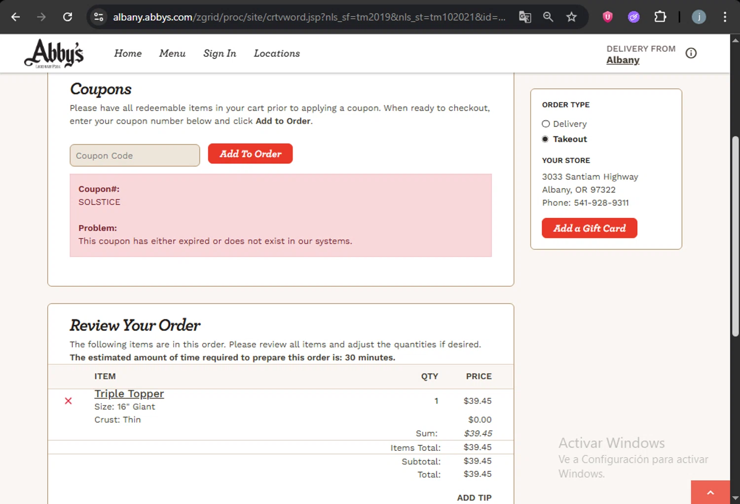 Abby's Legendary Pizza promo code screenshot showing code SOLSTICE applied at Abby's Legendary Pizza checkout page. Uploaded by SimplyCodes community member VictoriousCurator5776 on Jun 23, 2025