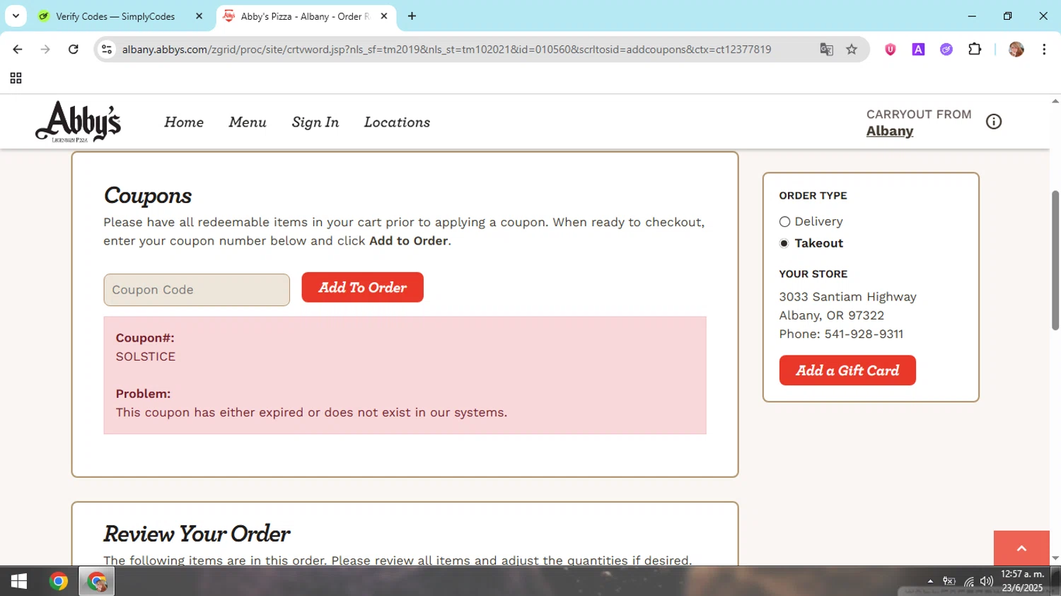 Abby's Legendary Pizza promo code screenshot showing code SOLSTICE applied at Abby's Legendary Pizza checkout page. Uploaded by SimplyCodes community member hectorpetit1 on Jun 23, 2025