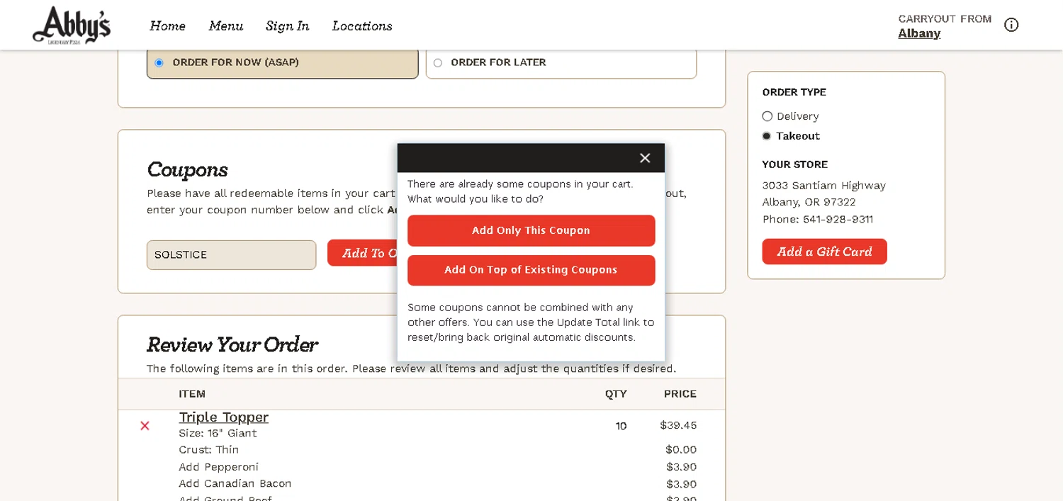 Abby's Legendary Pizza promo code screenshot showing code SOLSTICE applied at Abby's Legendary Pizza checkout page. Uploaded by SimplyCodes community member xHRxUltrax on Jun 23, 2025