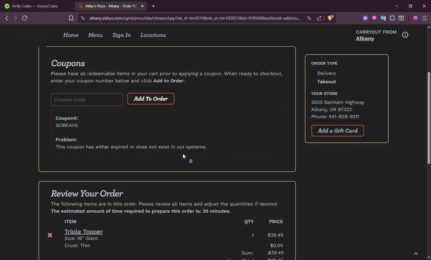 Abby's Legendary Pizza promo code screenshot showing code GOBEAVS applied at Abby's Legendary Pizza checkout page. Uploaded by SimplyCodes community member Darka007 on Jun 29, 2025
