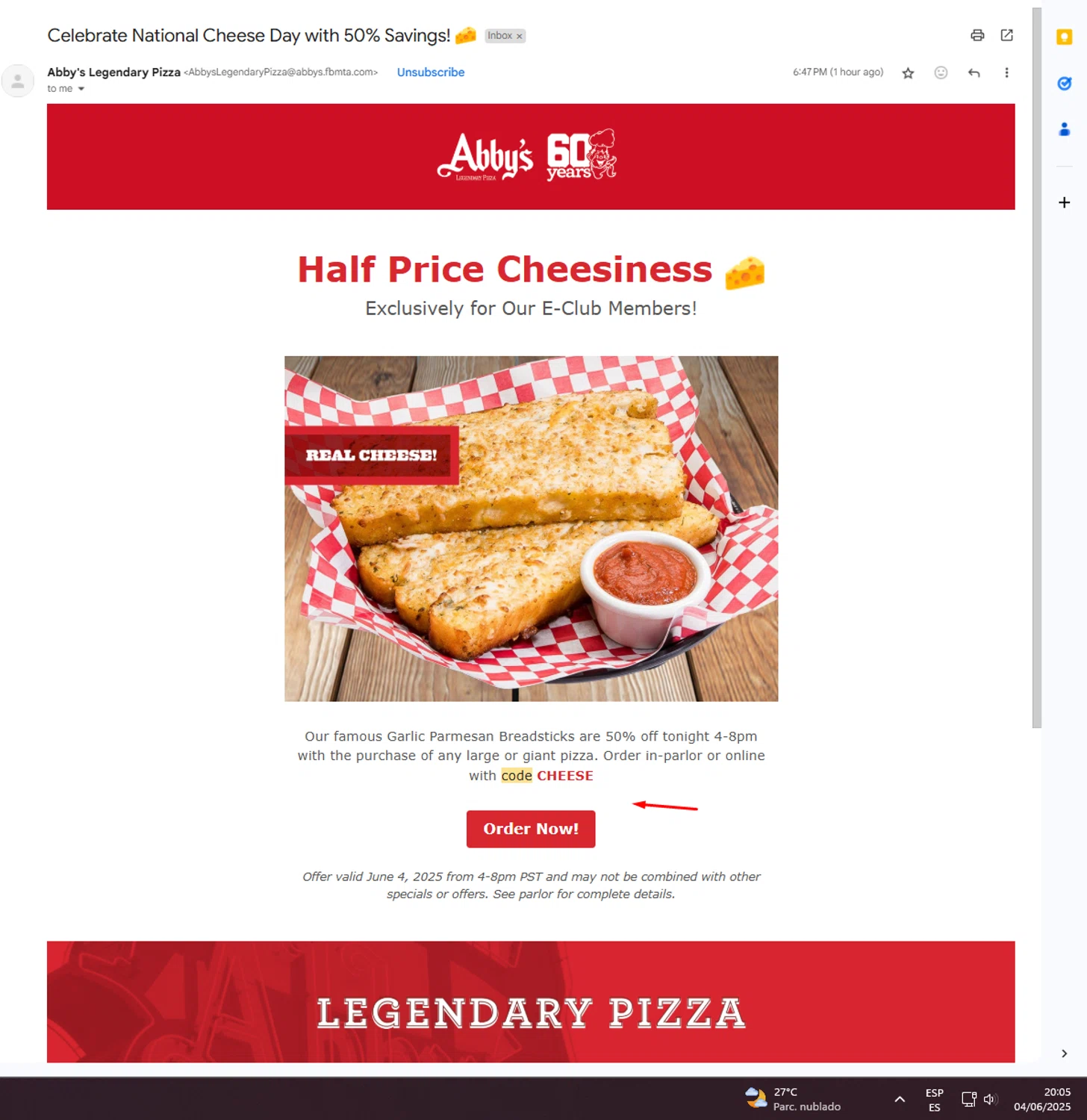 Abby's Legendary Pizza promo code screenshot showing code CHEESE applied at Abby's Legendary Pizza checkout page. Uploaded by SimplyCodes community member UnkNownVnzla on Jun 5, 2025