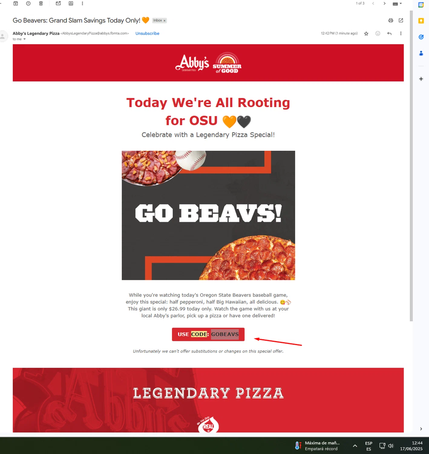 Abby's Legendary Pizza promo code screenshot showing code GOBEAVS applied at Abby's Legendary Pizza checkout page. Uploaded by SimplyCodes community member UnkNownVnzla on Jun 17, 2025