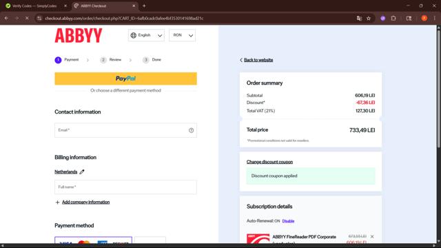 ABBYY checkout page showing ABBYY promo code box | Screenshot taken by SimplyCodes community member on Jun 10, 2025