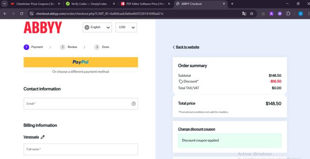 ABBYY checkout page showing ABBYY promo code box | Screenshot taken by SimplyCodes community member on May 12, 2025