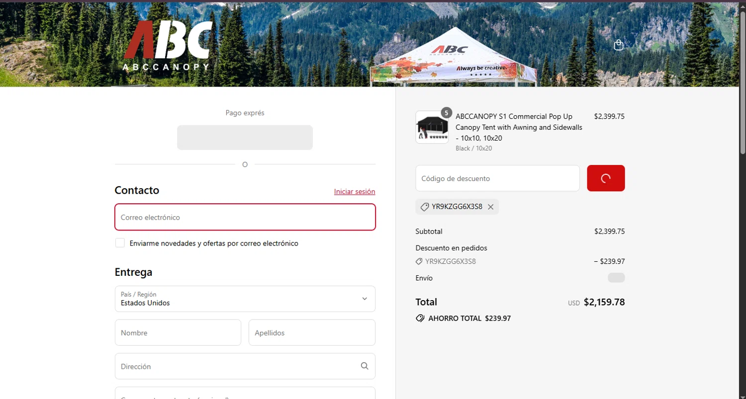 Abccanopy discount code screenshot showing code YR9KZGG6X3S8 applied at Abccanopy checkout page. Uploaded by SimplyCodes community member CouponHero3179 on Aug 31, 2025