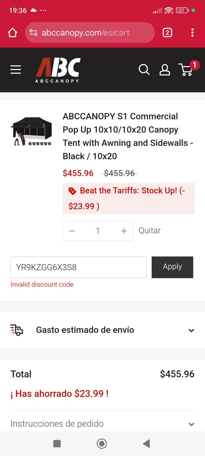 Abccanopy discount code screenshot showing code YR9KZGG6X3S8 applied at Abccanopy checkout page. Uploaded by SimplyCodes community member ShieldWhiz4659 on Apr 18, 2025