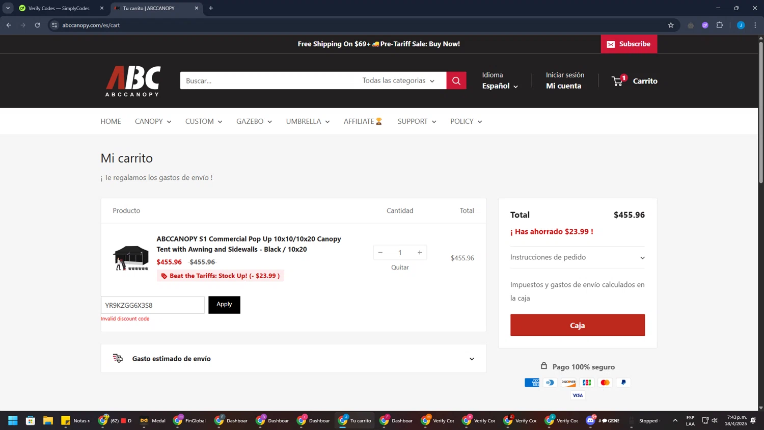 Abccanopy discount code screenshot showing code YR9KZGG6X3S8 applied at Abccanopy checkout page. Uploaded by SimplyCodes community member BargainGuardian280 on Apr 18, 2025