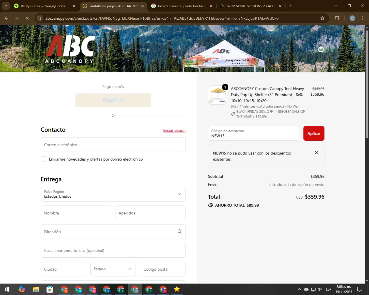 Abccanopy discount code screenshot showing code NEW15 applied at Abccanopy checkout page. Uploaded by SimplyCodes community member CodeVoyager5621 on Nov 15, 2025