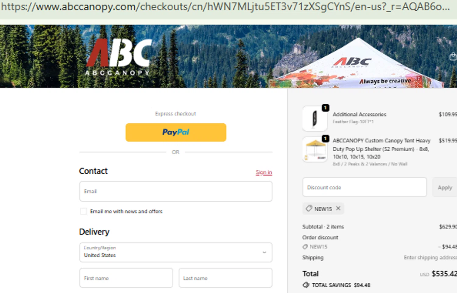Abccanopy discount code screenshot showing code NEW15 applied at Abccanopy checkout page. Uploaded by SimplyCodes community member RewardFinder4836 on Jan 8, 2026