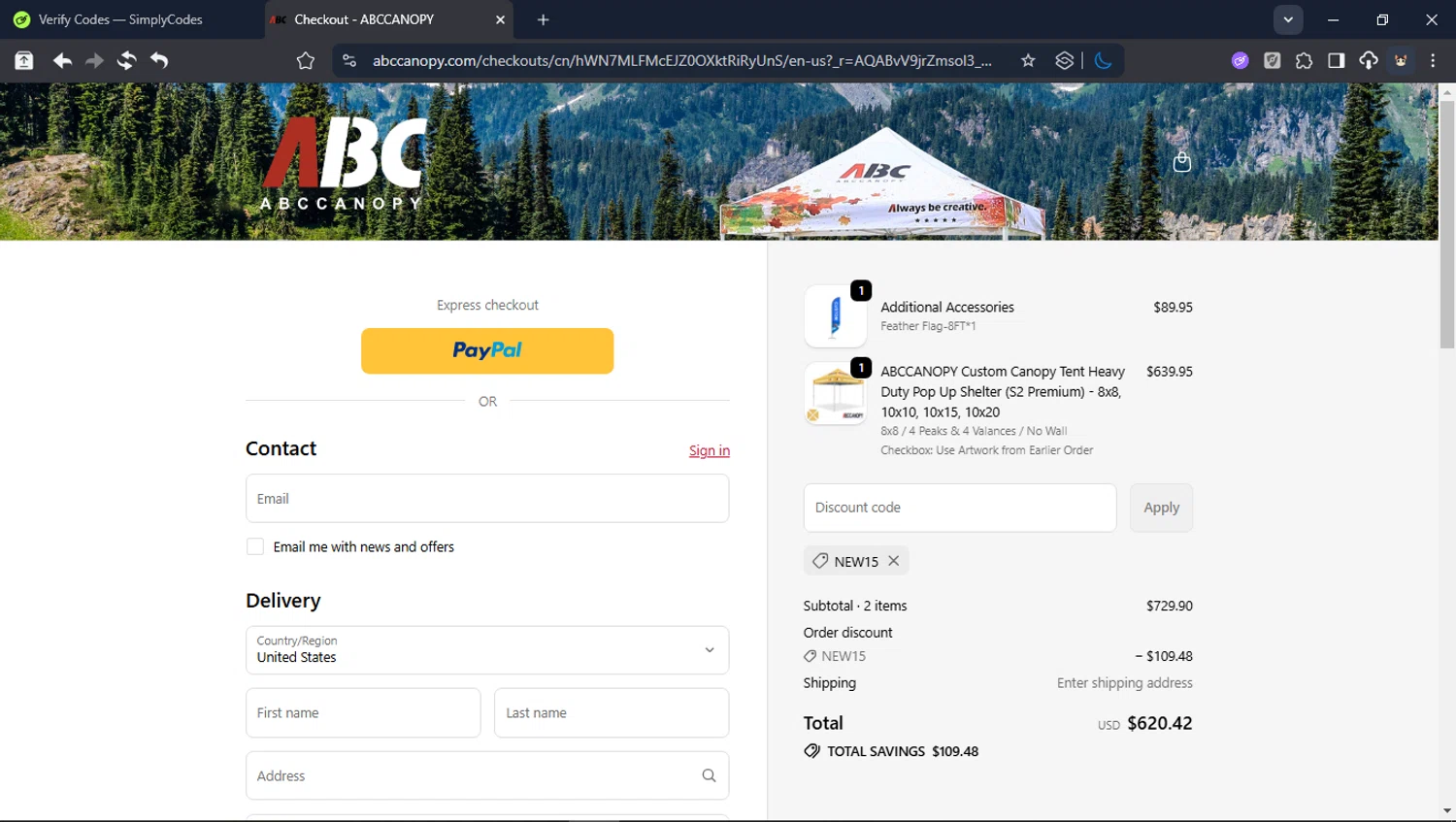 Abccanopy discount code screenshot showing code NEW15 applied at Abccanopy checkout page. Uploaded by SimplyCodes community member USER_RANDON on Jan 8, 2026