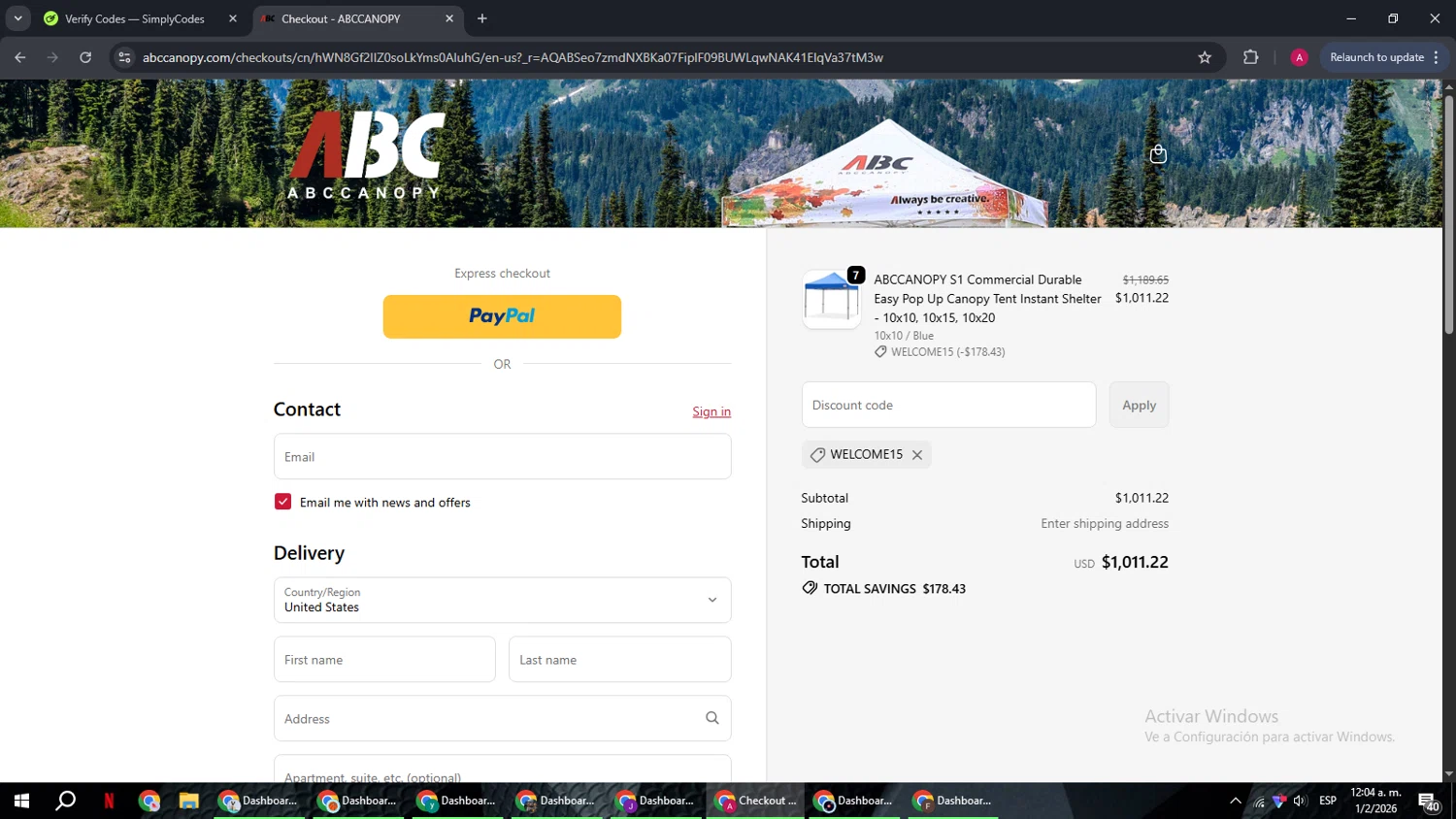 Abccanopy discount code screenshot showing code WELCOME15 applied at Abccanopy checkout page. Uploaded by SimplyCodes community member BMWGS1200 on Feb 1, 2026