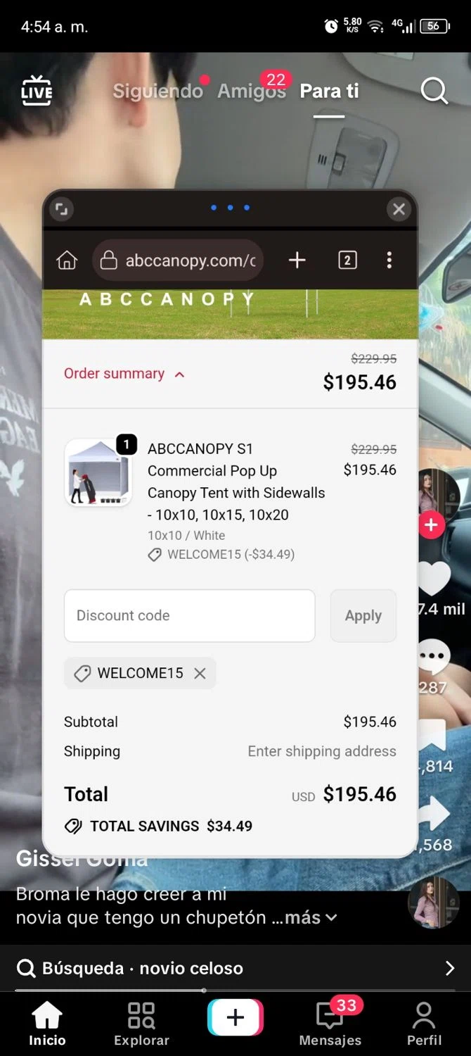 Abccanopy discount code screenshot showing code WELCOME15 applied at Abccanopy checkout page. Uploaded by SimplyCodes community member ScanExpert7367 on Nov 20, 2025