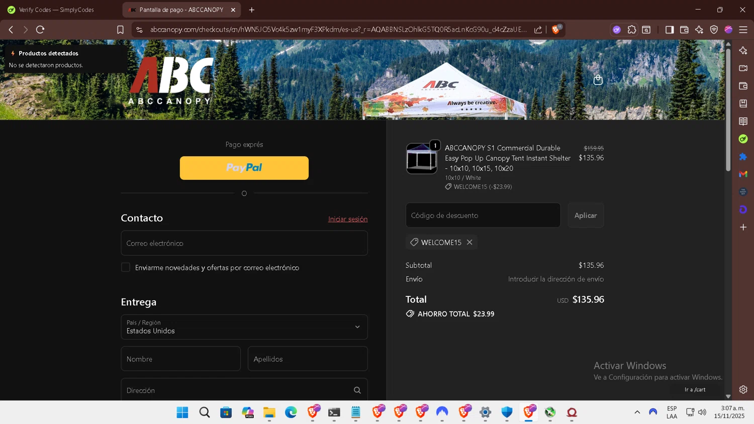 Abccanopy discount code screenshot showing code WELCOME15 applied at Abccanopy checkout page. Uploaded by SimplyCodes community member BOLITAS on Nov 15, 2025