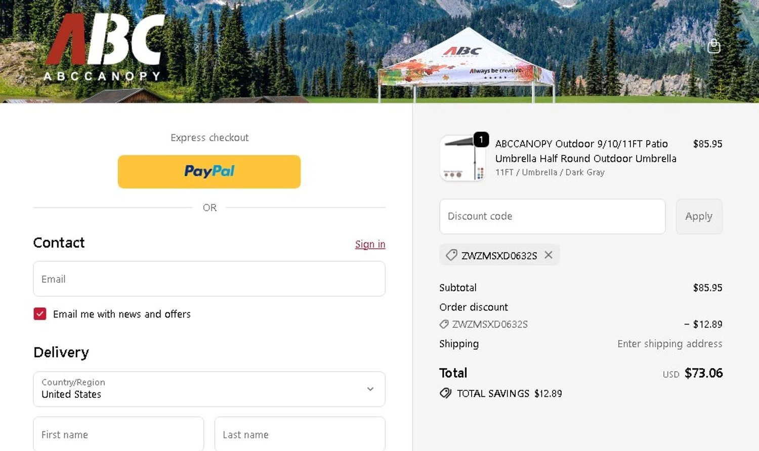 Abccanopy discount code screenshot showing code ZWZMSXD0632S applied at Abccanopy checkout page. Uploaded by SimplyCodes community member Elcompa on Oct 7, 2025