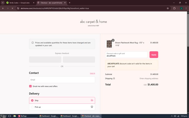 ABC Carpet & Home checkout page showing ABC Carpet & Home promo code box | Screenshot taken by SimplyCodes community member on Aug 29, 2025