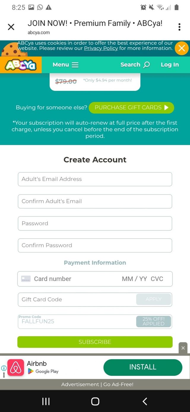 ABCya.com checkout page showing ABCya.com promo code box | Screenshot taken by SimplyCodes community member on May 17, 2025