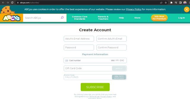 ABCya.com checkout page showing ABCya.com promo code box | Screenshot taken by SimplyCodes community member on Apr 4, 2025