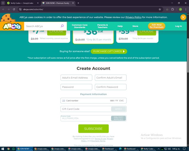 ABCya.com checkout page showing ABCya.com promo code box | Screenshot taken by SimplyCodes community member on May 13, 2025