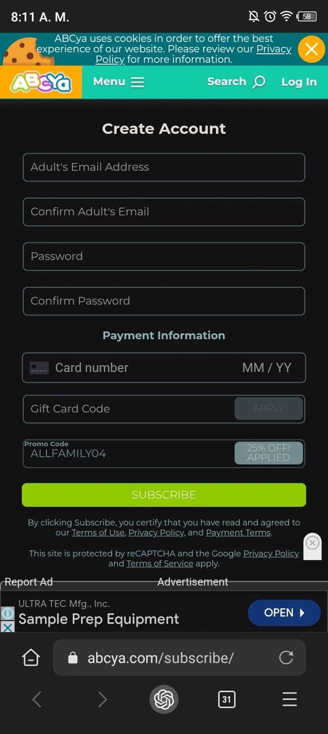 where to use ABCya promo code box
