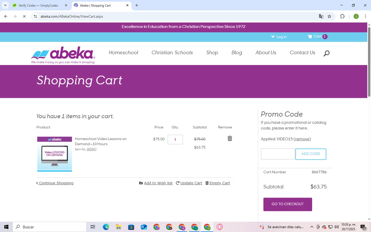 Abeka promo code screenshot showing code video15 applied at Abeka checkout page. Uploaded by SimplyCodes community member BukayoSaka on Jul 20, 2025