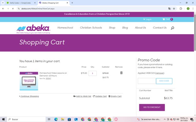 Abeka checkout page showing Abeka promo code box | Screenshot taken by SimplyCodes community member on Jul 20, 2025