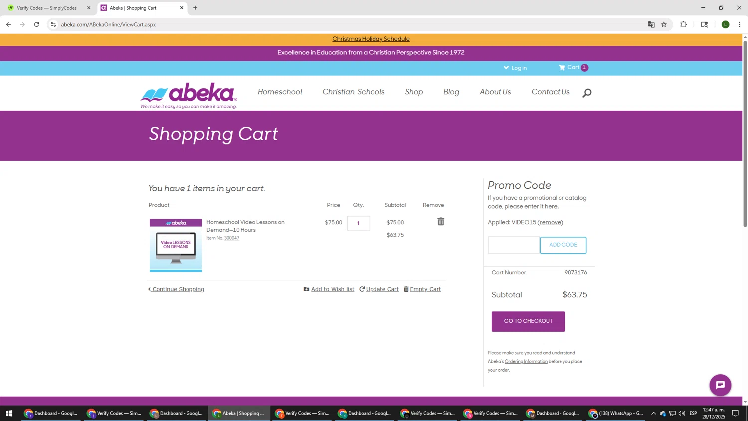 Abeka promo code screenshot showing code video15 applied at Abeka checkout page. Uploaded by SimplyCodes community member DUCATI on Dec 28, 2025