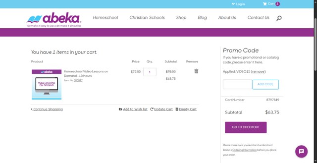 Abeka checkout page showing Abeka promo code box | Screenshot taken by SimplyCodes community member on Aug 15, 2025