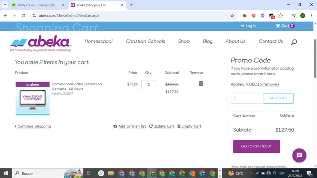 Abeka checkout page showing Abeka promo code box | Screenshot taken by SimplyCodes community member on Jul 23, 2025