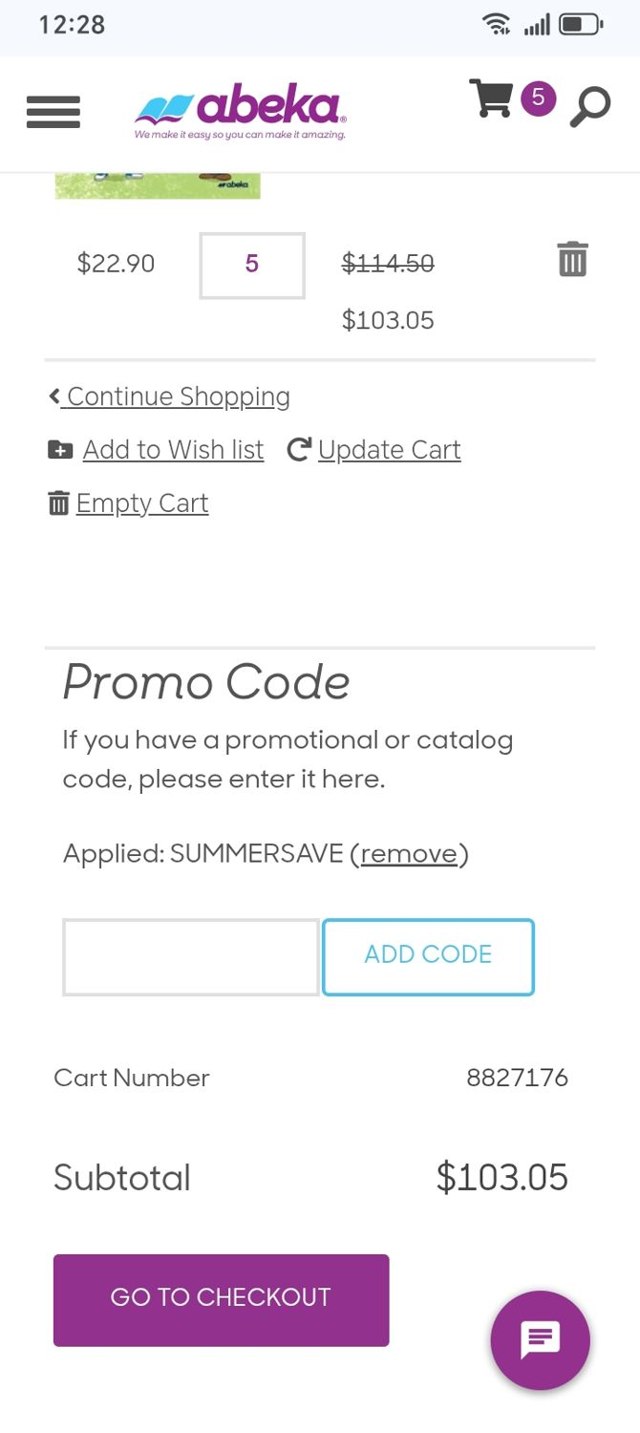 Abeka checkout page showing Abeka promo code box | Screenshot taken by SimplyCodes community member on Aug 21, 2025