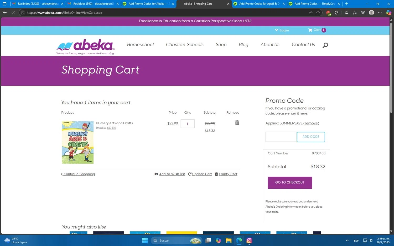 Abeka promo code screenshot showing code Summersave applied at Abeka checkout page. Uploaded by SimplyCodes community member Mdeoca on Jul 28, 2025