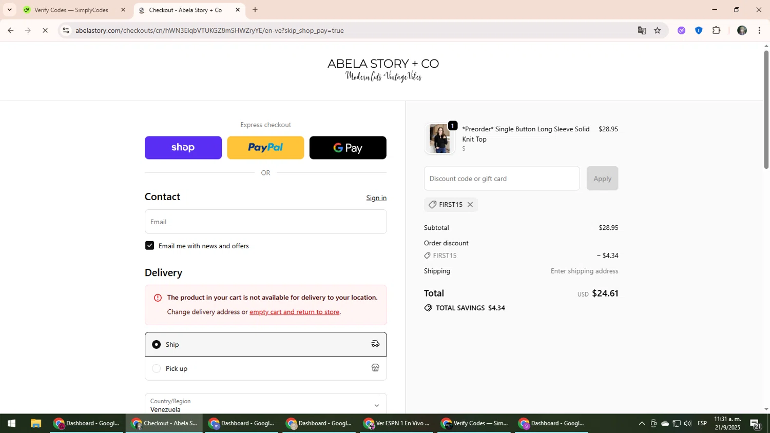 Abela Story + Co promo code screenshot showing code FIRST15 applied at Abela Story + Co checkout page. Uploaded by SimplyCodes community member CleverLynx6871 on Sep 21, 2025