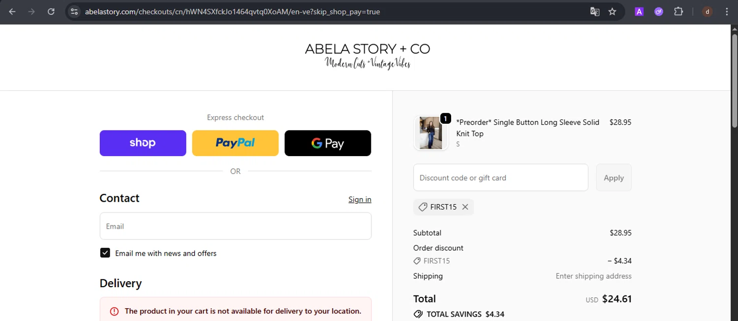 Abela Story + Co promo code screenshot showing code FIRST15 applied at Abela Story + Co checkout page. Uploaded by SimplyCodes community member VoucherSpotter9376 on Oct 23, 2025