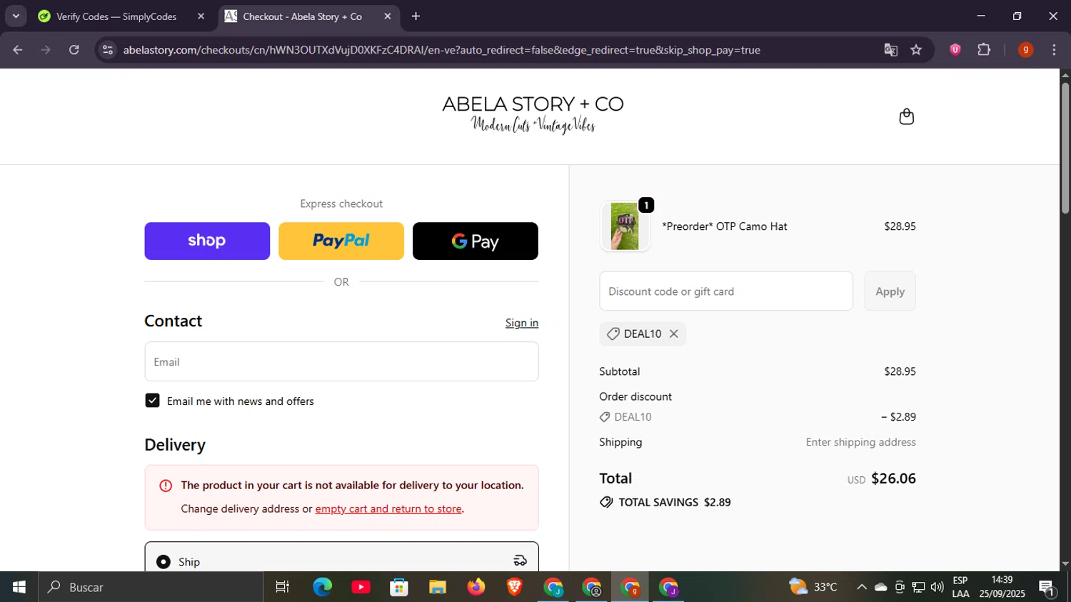 Abela Story + Co promo code screenshot showing code DEAL10 applied at Abela Story + Co checkout page. Uploaded by SimplyCodes community member Scottcawthon on Sep 25, 2025