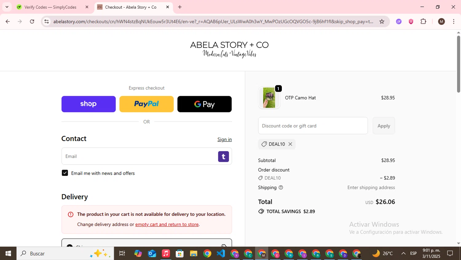 Abela Story + Co promo code screenshot showing code DEAL10 applied at Abela Story + Co checkout page. Uploaded by SimplyCodes community member WonderWizard9060 on Nov 4, 2025