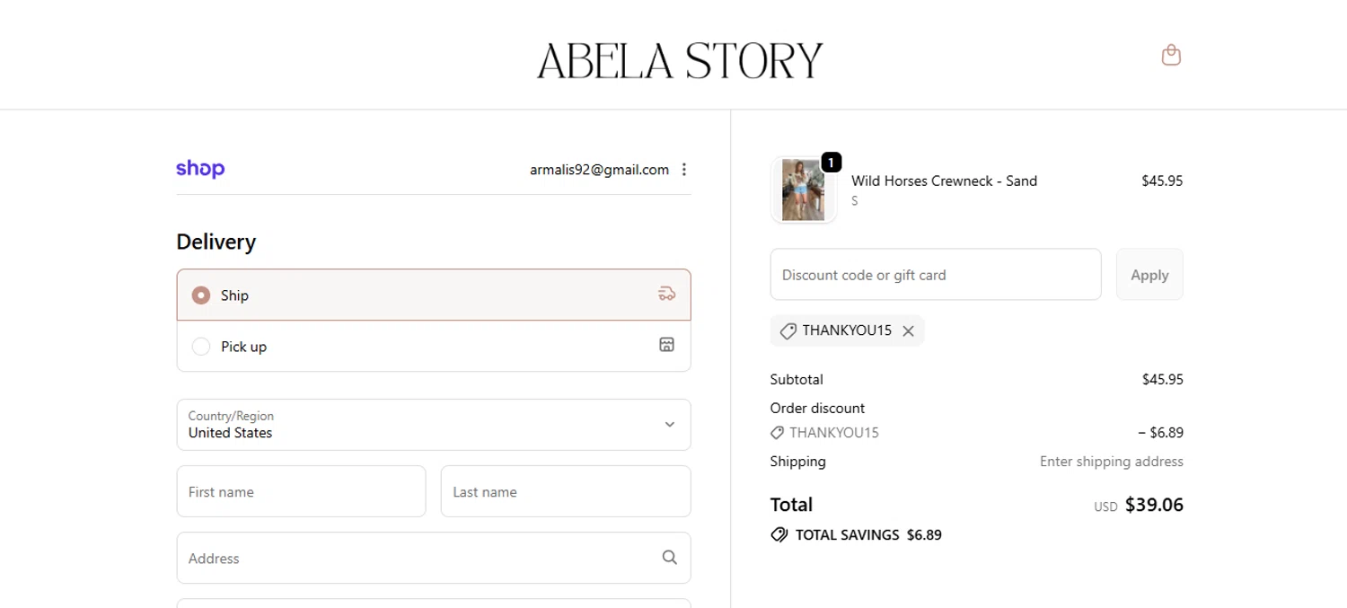 Abela Story + Co promo code screenshot showing code ThankYou15 applied at Abela Story + Co checkout page. Uploaded by SimplyCodes community member armalissolorzano1 on Jan 26, 2026