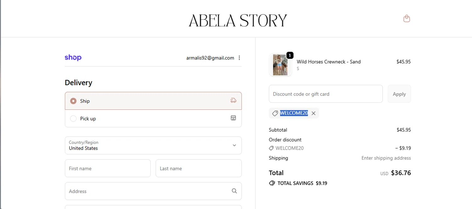 Abela Story + Co promo code screenshot showing code WELCOME20 applied at Abela Story + Co checkout page. Uploaded by SimplyCodes community member armalissolorzano1 on Jan 26, 2026