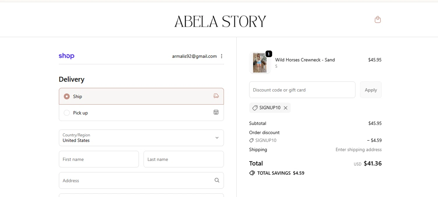 Abela Story + Co promo code screenshot showing code SignUp10 applied at Abela Story + Co checkout page. Uploaded by SimplyCodes community member armalissolorzano1 on Jan 26, 2026